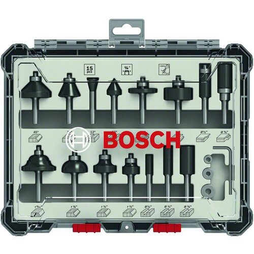 Bosch Komplet raznih glodala, 15 komada, držač od 1/4" mm 2607017473, 15-piece Mixed Application Router Bit Set. Cene