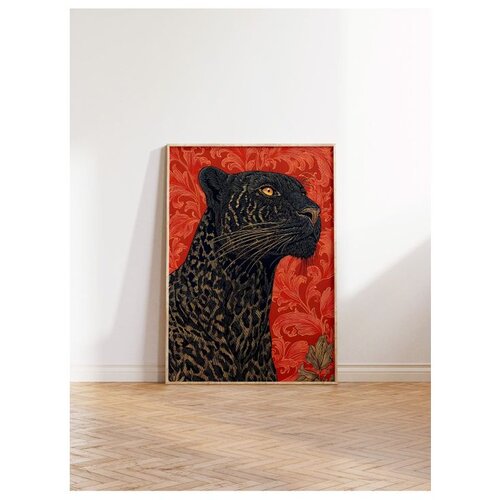Wallxpert uramljena slika 115274, crni leopard na crvenoj pozadini, 50 x 70 cm, ram u boji prirodnog drveta Cene