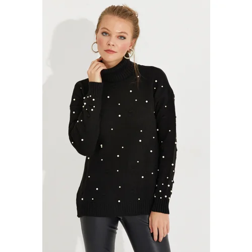 Cool & Sexy Women's Black Turtleneck Pearl Knitwear Sweater