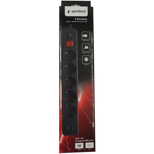 Gembird SPG5-B-10(3G1.5)**produzni kabl sa zastitom i 5 uticnica, 5V/3.1A USB-A+C 16A/3500W 3m Black Slike