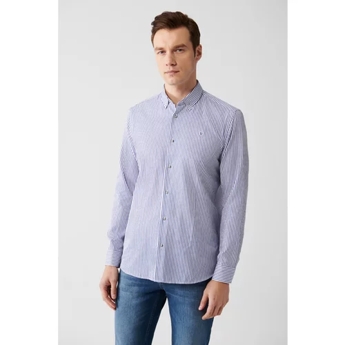 Avva Men's White Easy-Iron Button Collar Striped Slim Fit Narrow Cut Shirt