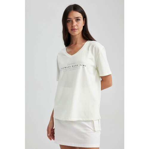 Defacto Regular Fit V-Neck Slogan Short Sleeve T-Shirt Slike