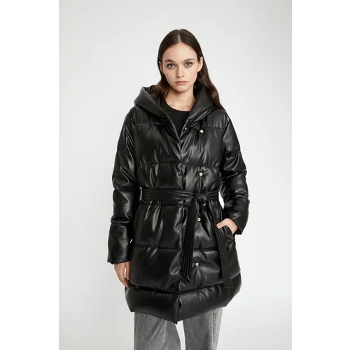 Defacto Waterproof Hooded Puffer Inflatable Faux Leather Coat Parka