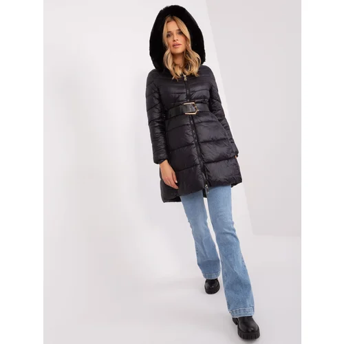 Fashion Hunters Black quilted winter jacket with belt