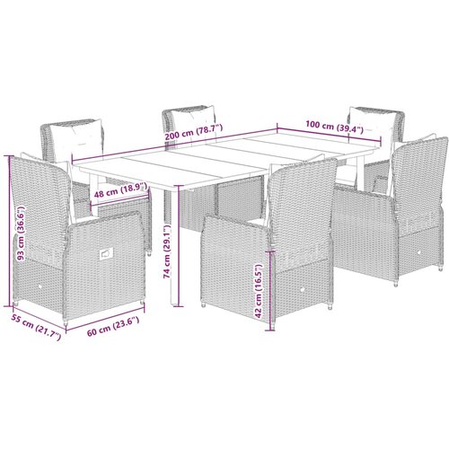  7-dijelni vrtni blagovaonski set od poliratana s jastucima sivi Siva 200 x 100 x 74 cm Slike