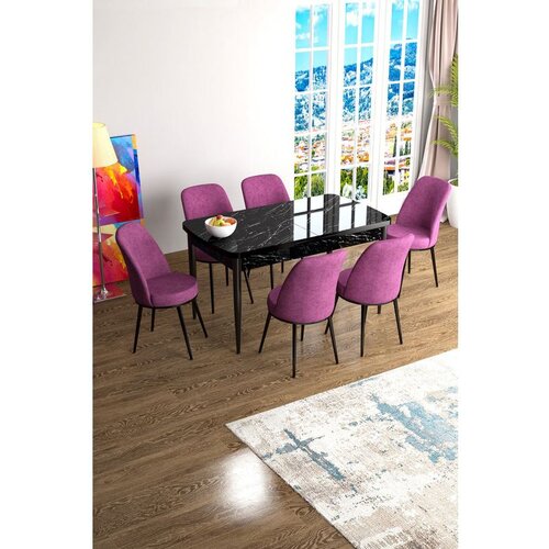 Hanah home Han - Black Marble, Purple Black MarblePurple Extendable Dining Table & Chairs Set (7 Pieces) Cene