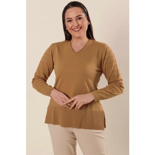 By Saygı V-neck Acrylic Sweater Mink Plus Size With Patterned Sleeves and Slits in the Sides.