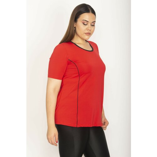 Şans Women's Plus Size Red Collar And Tapered Short Sleeve Blouse Slike