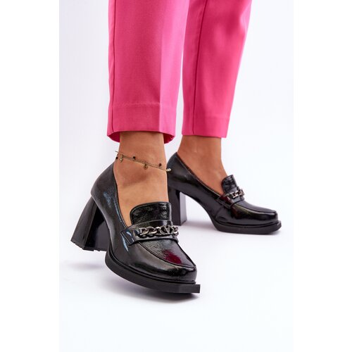 VINCEZA Black Patent Leather Pumps on Chunky Heel Terimene Slike