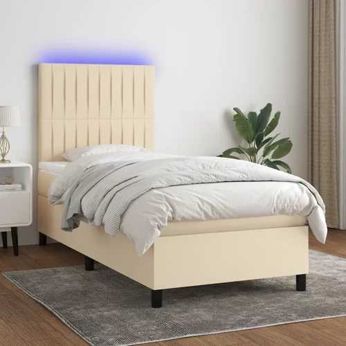 vidaXL Box spring postelja z vzmetnico LED krem 90x200 cm blago
