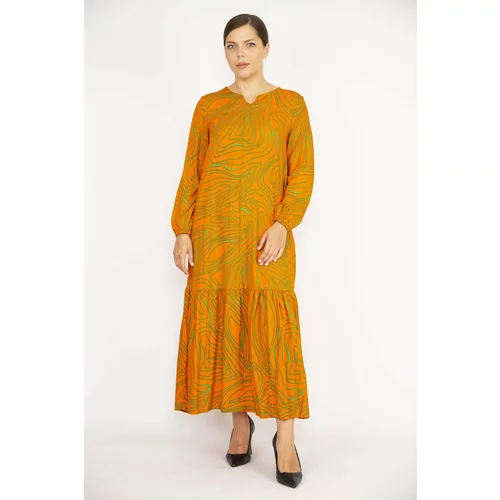 Şans Women's Orange Plus Size Woven Viscose Fabric Tiered Long Sleeve Dress