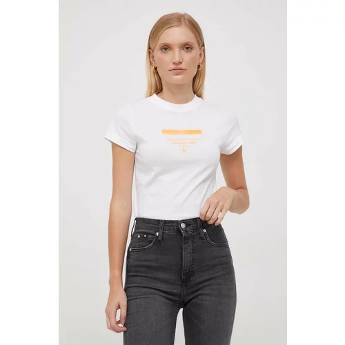 Calvin Klein Jeans Bombažna kratka majica ženski, bež barva
