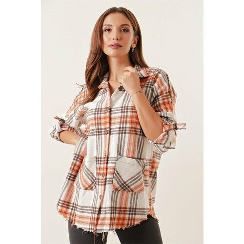 By Saygı Double Pockets Plaid Cachet Shirt with Fold Sleeves Orange Slike