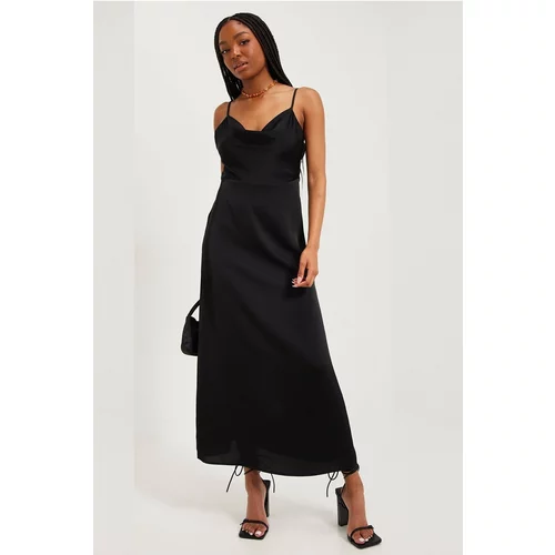 Madmext Black Satin Plunging Collar Midi Length Dress