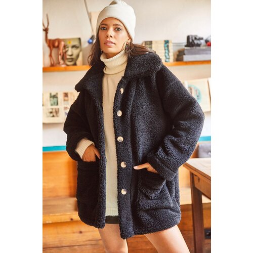 Olalook Women&amp;#039;s Black Buttoned Plush Coat Unlined Oversized Plush Jacket Slike