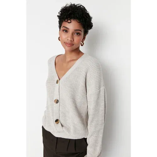 Trendyol Beige Cord Detailed Knitwear Cardigan