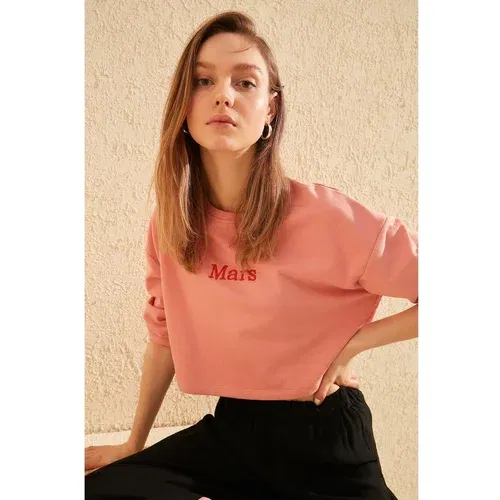 Trendyol Peach Embroidered Crop Knitted Slim Sweatshirt