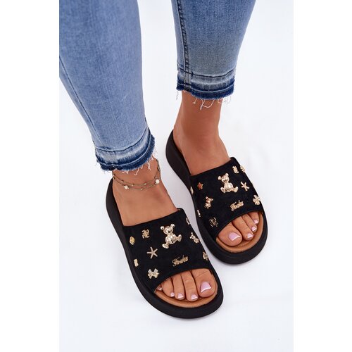 VINCEZA Ladies Suede Slippers With Clips Black 66741 Slike