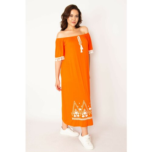 Şans Women's Plus Size Orange Carmen Collar Embroidery And Tassel Detail Long Dress Slike