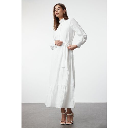 Trendyol Ecru Linen Look Woven Dress with Ruffled Belted Skirt Cene