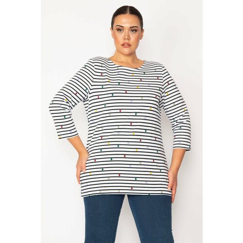 Şans Women's Plus Size Bone Line And Points Patterned Capri Sleeved Tunic Slike