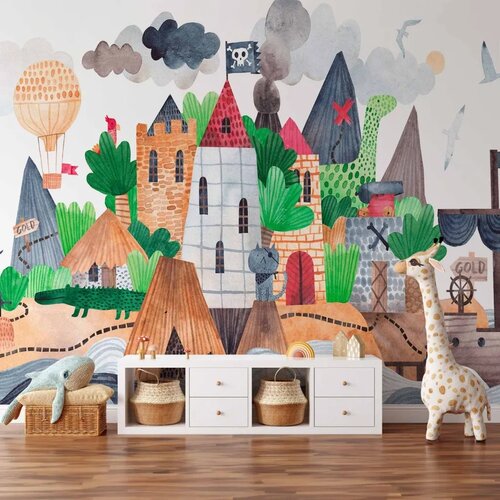  Foto tapeta - A colourful treasure island with a castle - a pirate ship at sea for children 490x350 Samoljepljiva Cene