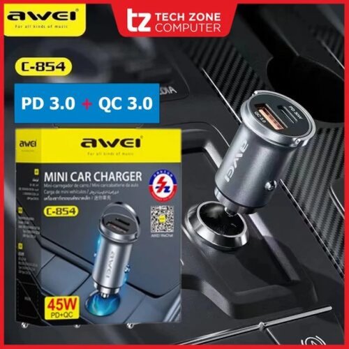 Awei mini Punjaè za auto, 2-port usb (3.0 i 3.1 tip c) 3.1A C-854, sivi Cene