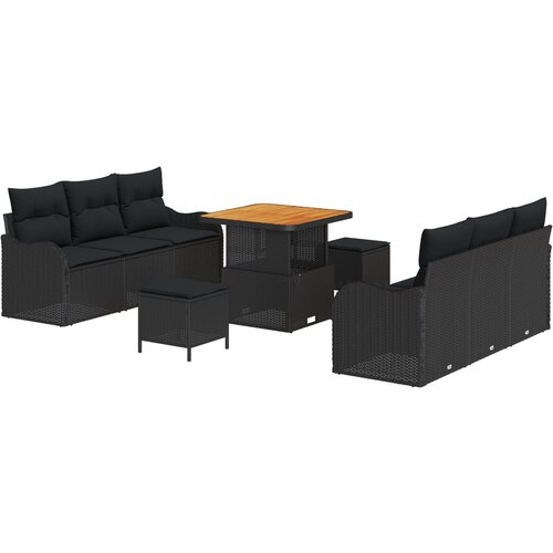 VidaXL 9-dijelni set sofe za vrt s jastučićima crni poli ratan akacija, 2-sjedna sofa za vrt s jastučićima crni poli ratan, 3-dijelni set za vrt s jastučićima crni poli ratan akacija Slike