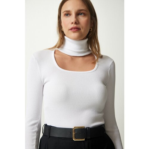 Happiness İstanbul Women's White Cut Out Detailed Turtleneck Ribbed Knitted Blouse Slike
