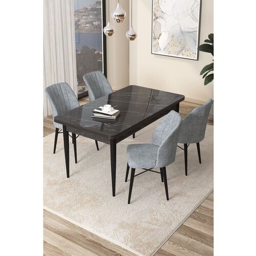 Hanah home arp - black marble, grey black marblegrey dining table & chairs set (5 pieces) Cene