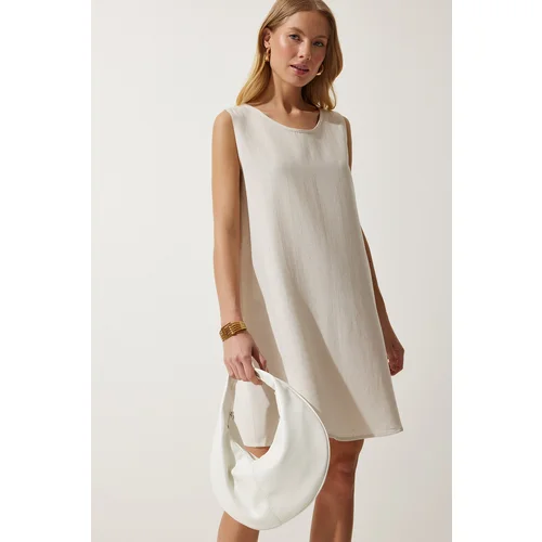  Women's Cream Summer Linen Viscose Bell Dress