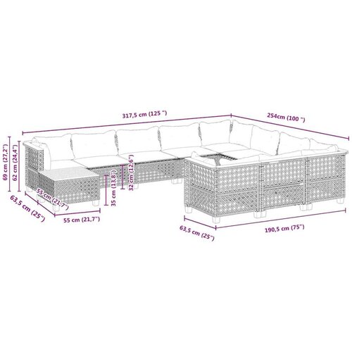 VidaXL 11-dijelni set vrtnih sofa od poliratana s jastucima bež Slike