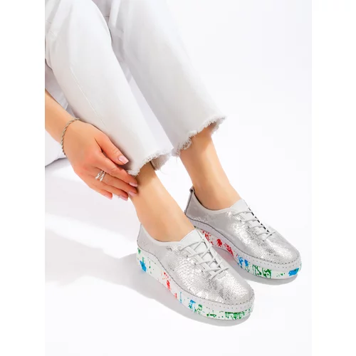 SHELOVET Women's leather silver shoes with colorful platform