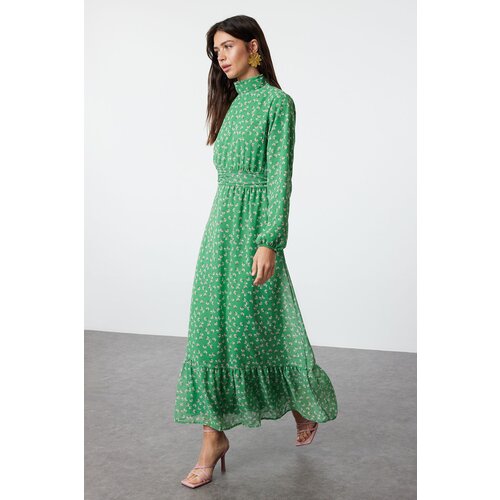 Trendyol Green Floral High Collar Waist Detailed Lined Chiffon Woven Dress Slike