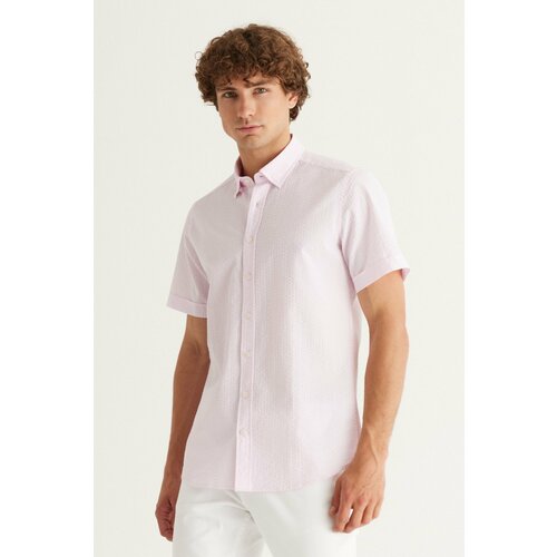 AC&Co / Altınyıldız Classics Men's Pink Slim Fit Slim Fit Shirt with Hidden Buttons Collar 100% Cotton See-through Pattern Short Sleeve Shirt. Cene