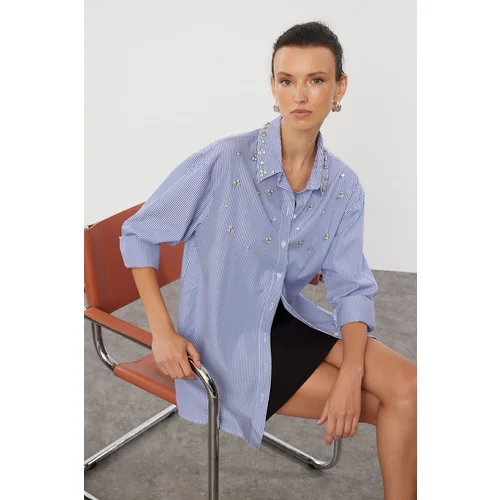 Trendyol Blue Collar Sleeve Stone Detailed Oversize Wide Fit Shirt