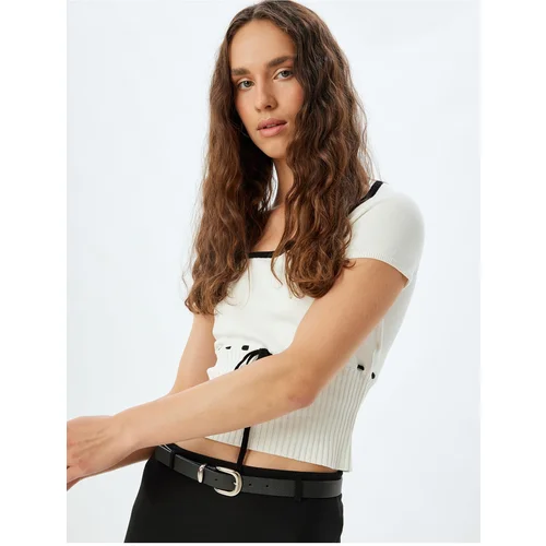 Koton Crop Sweater Short Sleeve Bow Detail Square Neck Slim Fit