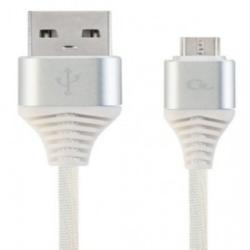 Gembird Premium cotton braided Micro-USB charging and data cable, 1 m, silver/white CC-USB2B-AMmBM-1M-BW2 Slike