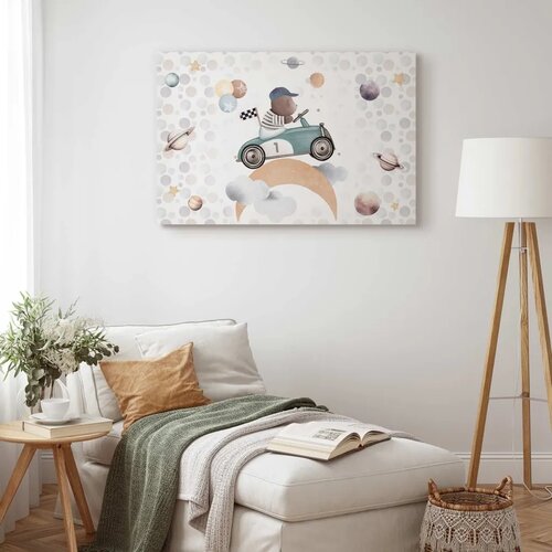  Slika - Galactic Races - A Bear Participating in Car Races Among Planets Clouds and Stars in Pastel Hues 60x40 Premium Print Slike