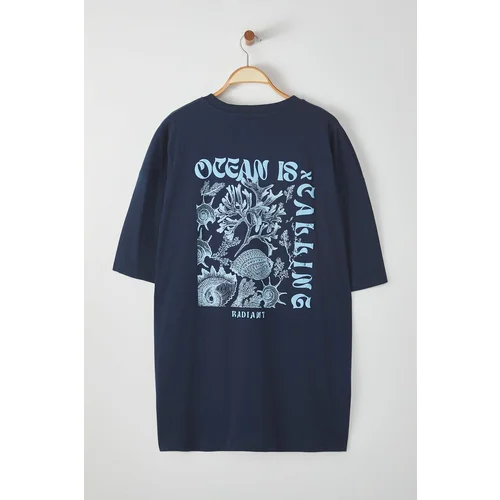 Trendyol Plus Size Navy Blue Oversize/Wide Cut Puffy Text Printed 100% Cotton T-shirt