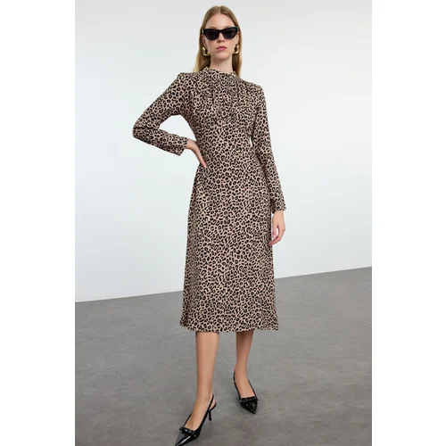 Trendyol Brown Animal Pattern Collar Drape Detailed A-Line Midi Woven Dress