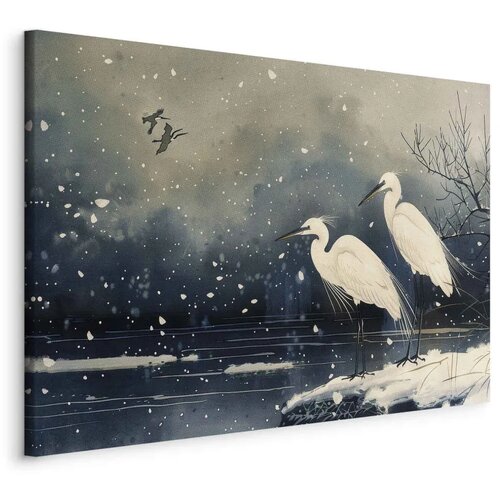  Slika - Herons over a winter pond - Japanese-style illustration in dark colours 60x40 Standard Cene