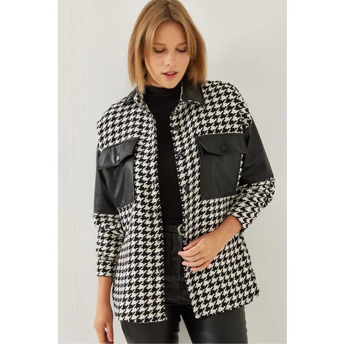 Bianco Lucci Women's Houndstooth Patterned Leather Garnished Stamp Shirt