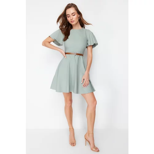 Trendyol Mint Belted Skirt Flounce Mini Woven Dress