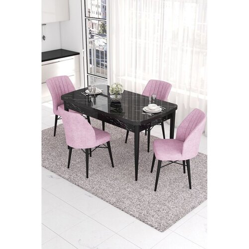 Hanah home trpezarijski set Eva, sto na razvlačenje i 4 stolice, ploča u dekoru crnog mermera, roze tkanina Babyface Cene