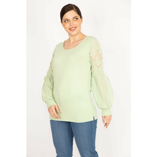 Şans Women's Green Plus Size Sleeves Tulle Lace Detailed Tunic Slike
