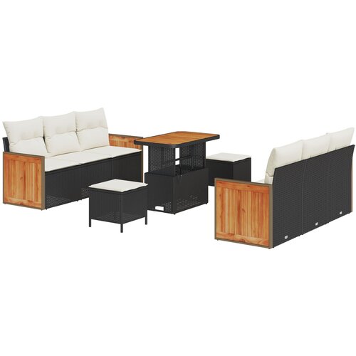 VidaXL 9-delni vrtni sofa set z blazinami črn poli ratan akacija, 3-delni vrtni jedilni set z blazinami črn poli ratan akacija Slike