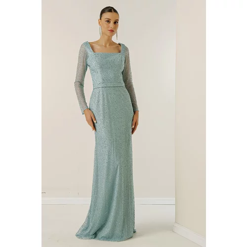 By Saygı Square Collar, Lined, Wide Size Evening Long Dress with Cut Stones.