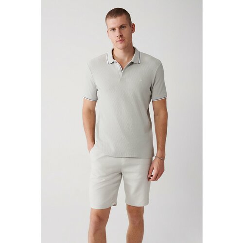 Avva Men's Light Gray 100% Cotton Jacquard Standard Fit Regular Cut 2 Button Polo Neck T-shirt Slike