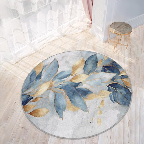 Mila Home modra/zlata pralna okrogla preproga &amp;oslash; 80 cm golden leaves &amp;ndash; Slike